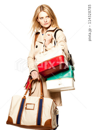 Woman, luxury fashion and handbags in studio for deal, discount or accessories with white background, Choice, shopping and female person with bags for designer store, product sale or retail purchase 114328785