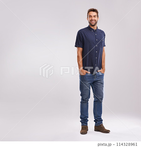Creative, businessman and portrait of fashion in studio, background and mockup with confidence. Happy, man and relax in jeans with pride or casual style in business as art director or entrepreneur Creative, businessman and portrait of fashion in studio, background and mockup with confidence. Happy, man and relax in jeans with pride or casual style in business as art director or entrepreneur 114328961