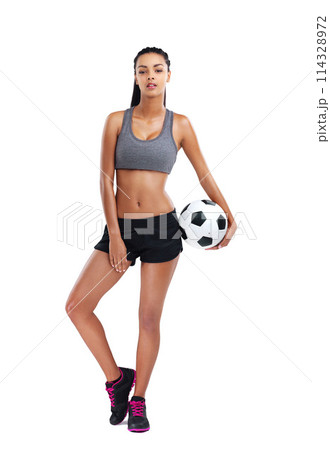Soccer, portrait and woman with ball in studio for match, game or kick off on white background. Sports, football player and confident female person for training, workout or fitness on mockup space 114328972