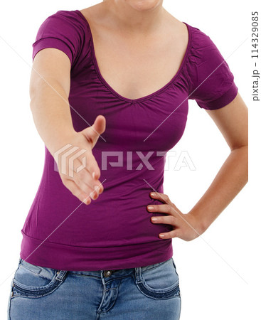 Woman, hand and handshake offer in studio, introduction and welcome on white background. Female person, hiring interview and recruitment for onboarding, employee and greet in partnership in closeup 114329085