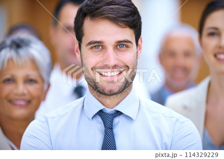 Portrait, leadership and business people with happy manager, confidence or solidarity in startup career. Community, face of professional men and women together in office for teamwork, pride and smile 114329229