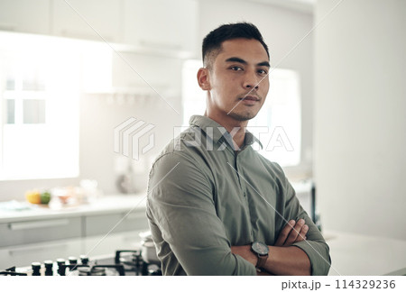 Man, confidence and kitchen in portrait or home for real estate, property or realtor or homeowner. Male agent and calm for sales with apartment or career, show house or natural in Boston or USA 114329236