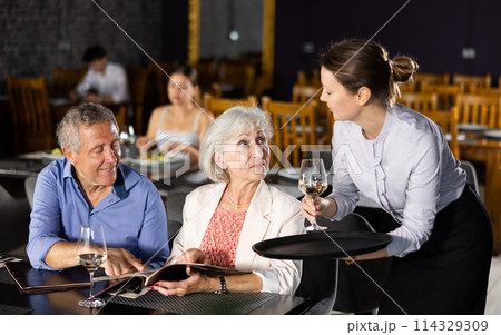 Waitress bringing aperitif to elderly couple selecting dishes from menu Waitress bringing aperitif to elderly couple selecting dishes from menu 114329309