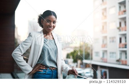 City, balcony and portrait of business black woman with confidence, company pride and startup ideas. Professional, office and person in urban town for career, job and working by modern building 114329310