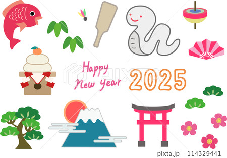 シンプルで可愛い巳年のお正月のイラスト素材セット 114329441