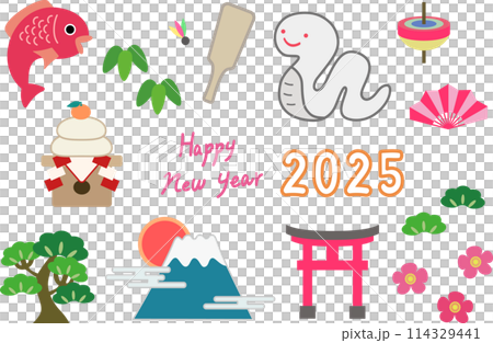 シンプルで可愛い巳年のお正月のイラスト素材セット 114329441