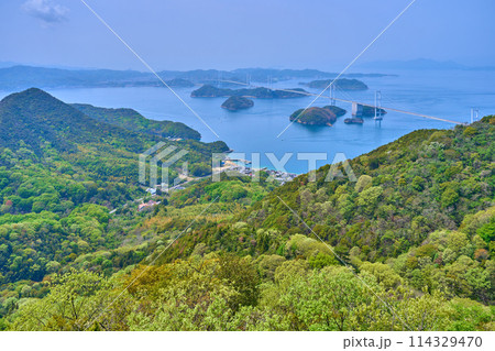 春の愛媛県今治市の亀老山展望公園の展望デッキから西側の来島海峡大橋方面を見る 114329470