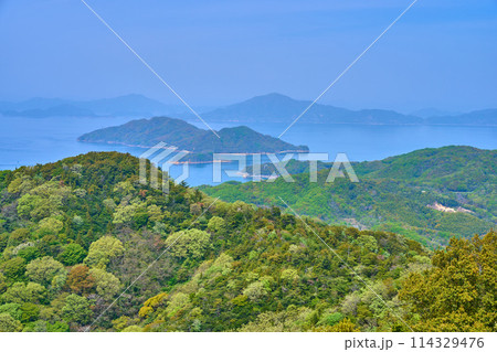 愛媛県今治市の亀老山展望公園の展望デッキから北西側の眺望(津島,大突間島,薬師山など) 114329476