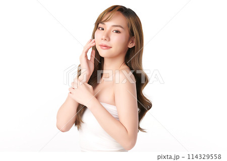 Beautiful young asian woman with clean fresh skin on white background, Face care, Facial treatment, Cosmetology, beauty and spa, Asian women portrait. 114329558