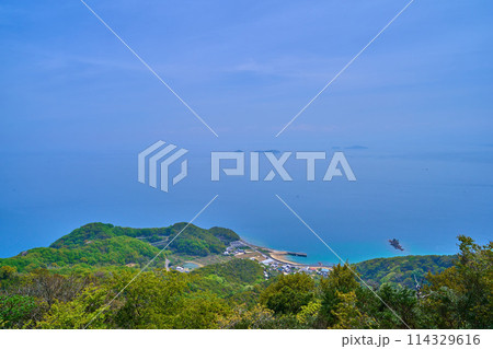 愛媛県今治市の亀老山展望公園の展望デッキから南東側の眺望(南浦漁港,小島,比岐島など) 114329616