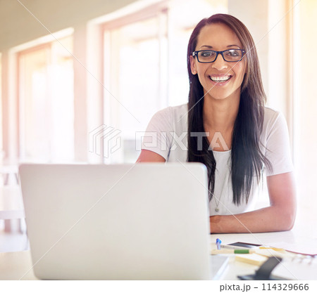 Happy, woman and portrait with laptop for email and planning with research information in notebook. Entrepreneur, excited and communication online with diary or journal on desk and ideas for startup 114329666