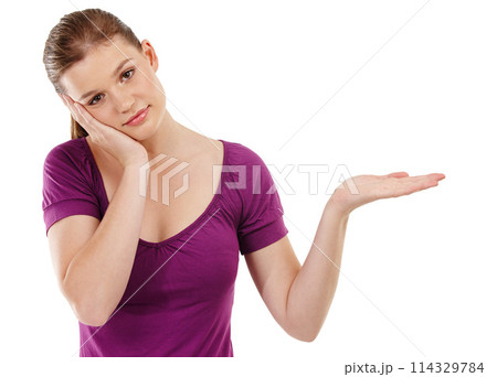 Beauty, portrait and girl with hand space in studio for makeup, review or wellness results on white background. Mockup, face and gen z model with empty palm for skincare, information and promotion Beauty, portrait and girl with hand space in studio for makeup, review or wellness results on white background. Mockup, face and gen z model with empty palm for skincare, information and promotion 114329784