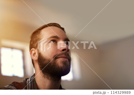 Thinking, memory and man with inspiration for ideas, reflection or pensive about choice or decision for future. Insight, wisdom and thoughtful with mindfulness, brainstorming and problem solving 114329989