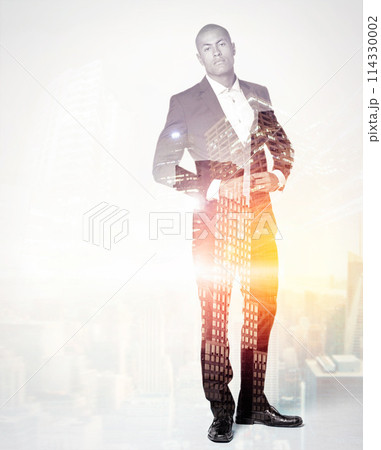 Studio, city and double exposure with portrait of businessman for legal career, job and pride. Serious, professional lawyer and person with confidence for corporate, company and law firm in New York 114330002