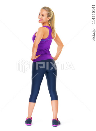 Woman, portrait and sportswear in studio for fitness, confident or training with white background. Wellness, back view and female person in gym clothes for exercise, workout or athlete for body goals Woman, portrait and sportswear in studio for fitness, confident or training with white background. Wellness, back view and female person in gym clothes for exercise, workout or athlete for body goals 114330141
