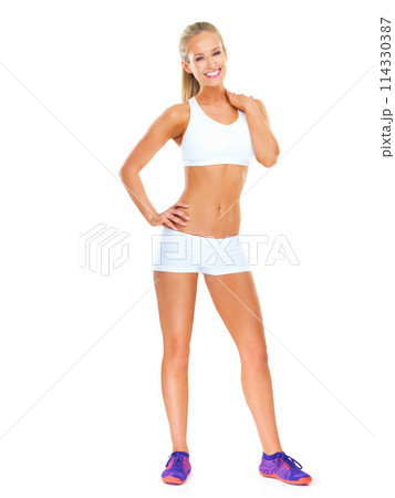 Studio, athlete and portrait of woman with smile and clothes or outfit for sports, healthy and female person. White background, wellness and fitness for girl with training, exercise or workout Studio, athlete and portrait of woman with smile and clothes or outfit for sports, healthy and female person. White background, wellness and fitness for girl with training, exercise or workout 114330387