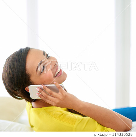 Woman, phonecall and laugh for audio conversation, funny joke and good news on sofa in lounge. Young person, happy and mobile phone for comic talk, chatting or speaking for discussion on mockup Woman, phonecall and laugh for audio conversation, funny joke and good news on sofa in lounge. Young person, happy and mobile phone for comic talk, chatting or speaking for discussion on mockup 114330529