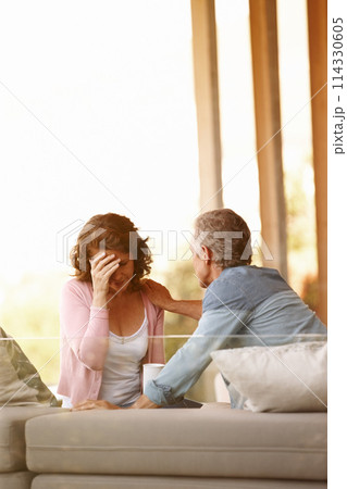 Depression, mature woman and man on couch with empathy for mental health, relationship care and anxiety. Senior couple, sad and sofa in living room for grief pain, mourning together and love support Depression, mature woman and man on couch with empathy for mental health, relationship care and anxiety. Senior couple, sad and sofa in living room for grief pain, mourning together and love support 114330605