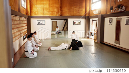 Students, aikido sensei or teaching Japanese martial arts in dojo for practice, body movement or self defense. Combat demonstration, group of people or training workout for black belt fighting class 114330650