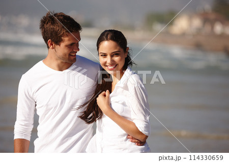 Couple, man and woman on vacation, island and smile for getaway, travel and honeymoon in Bali. Husband, wife and love with happiness, union and companionship at beach or seaside in Indonesia 114330659