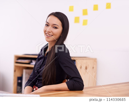 Office, smile and portrait of business Asian woman at desk with confidence, pride and creative startup. Professional, consultant and worker at desk for career, job and working in modern building Office, smile and portrait of business Asian woman at desk with confidence, pride and creative startup. Professional, consultant and worker at desk for career, job and working in modern building 114330685