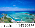 【沖縄・宮古島】狩俣漁港上空から池間島、池間大橋、青い海をドローンで撮影③ 114330686