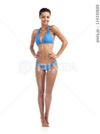 Summer, bikini and portrait girl in studio on white background for summer style or trendy swimwear. Happy, fashion and isolated woman in swimsuit with confident, pride or smile on holiday or vacation 114330688