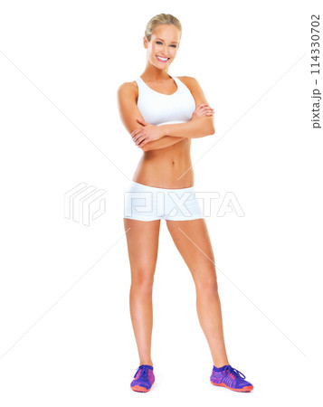 Portrait, woman or confident of fitness, exercise or gym workout in wellness, health or training. Happy, proud or female person in activewear, running shoes or arms crossed on mockup white background Portrait, woman or confident of fitness, exercise or gym workout in wellness, health or training. Happy, proud or female person in activewear, running shoes or arms crossed on mockup white background 114330702