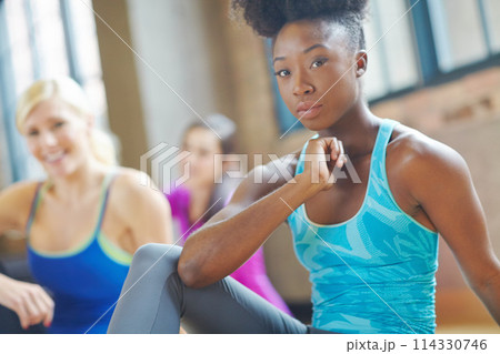 Portrait, gym class and black woman with confidence in fitness for body care, workout or cardio training. Female person, collaboration and ready with pride for support, pilates and wellness at club Portrait, gym class and black woman with confidence in fitness for body care, workout or cardio training. Female person, collaboration and ready with pride for support, pilates and wellness at club 114330746