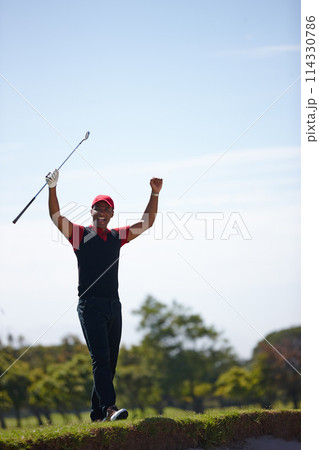 Excited man, celebration and golfer with fist pump for winning, victory or shot in sand pit. Happy male person or sports player with smile for achievement, score or point on golf course on mockup 114330786