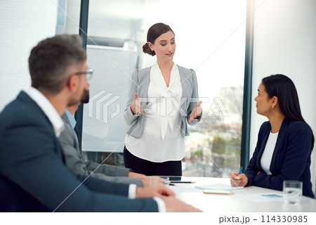 Business, woman and boardroom with meeting for teamwork, collaboration and feedback on company growth as leader. Entrepreneur, clients and people at office with strategy, report and progress 114330985