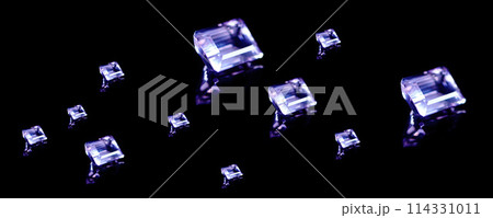 Amethyst, stone and gem in studio by black background for natural product, jewelry or baguette in luxury collection. Gemstone, purple crystal and closeup for display with shine, glow or brilliant cut 114331011