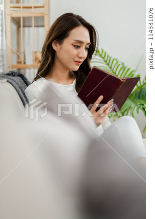 Young woman is engrossed in reading a classic book, comfortably nestled on a sofa at home, surrounded by a calm and inviting space. Young woman is engrossed in reading a classic book, comfortably nestled on a sofa at home, surrounded by a calm and inviting space. 114331076