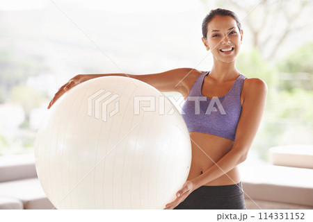 Happy woman, portrait and training with ball for pilates, health and wellness at home. Face of female person or yogi with smile for gym equipment, exercise or workout in sports or wellbeing at house Happy woman, portrait and training with ball for pilates, health and wellness at home. Face of female person or yogi with smile for gym equipment, exercise or workout in sports or wellbeing at house 114331152