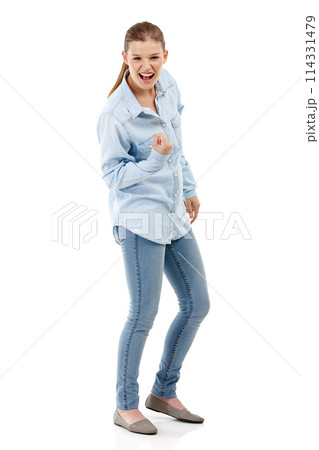 Girl, success and wow in studio portrait for news, results or announcement of college opportunity and admission. Excited student or model with fist, power and study celebration on a white background 114331479
