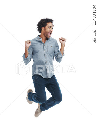 Happy, excited and man jumping in studio with good news, winning and job promotion celebration. Smile, cheering and young male person with enthusiasm for positive attitude by white background. Happy, excited and man jumping in studio with good news, winning and job promotion celebration. Smile, cheering and young male person with enthusiasm for positive attitude by white background. 114331504