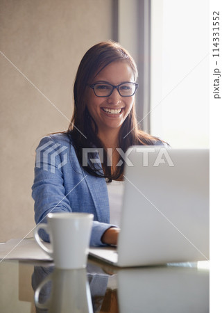 Smile, laptop and portrait of business woman in office with confident, positive and pride attitude. Technology, happy and professional financial advisor with computer for finance project in workplace Smile, laptop and portrait of business woman in office with confident, positive and pride attitude. Technology, happy and professional financial advisor with computer for finance project in workplace 114331552