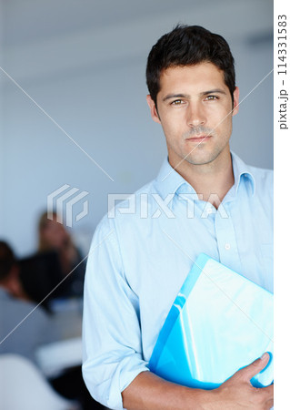 Serious, folder and portrait of businessman in office for administration, policy review and pride in career. Male person, face and confident with paper at work for professional, job or startup 114331583