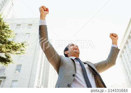 Smile, success and hands raised with businessman in city for celebration of bonus or promotion. Corporate, building and sky with happy employee cheering outdoor in urban town for target or goals 114331683