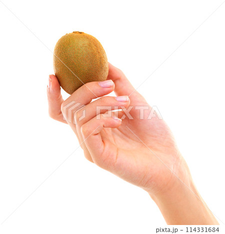 Hand, kiwi and healthy food for diet, wellness and weight loss with ingredient isolated on white background. Person with fruit, sweet or sour with nutrition, exotic and clean eating vegan for detox 114331684