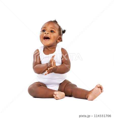 Infant, black girl and clapping in studio for happiness, growth and playful newborn with white background. Baby, child and toddler for cheerful, excited or childhood development with hands together Infant, black girl and clapping in studio for happiness, growth and playful newborn with white background. Baby, child and toddler for cheerful, excited or childhood development with hands together 114331706