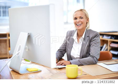 Lawyer, woman and portrait by computer with smile for legal services with pride, knowledge and typing. Attorney, advocate and person by office pc for writing, excited and happy at law firm in Canada Lawyer, woman and portrait by computer with smile for legal services with pride, knowledge and typing. Attorney, advocate and person by office pc for writing, excited and happy at law firm in Canada 114331802