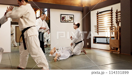 Japanese master, student or training in martial arts in dojo place, block or fighting in aikido in self defence. Sensei, battle and guide in class with wisdom, combat and men in black belt discipline Japanese master, student or training in martial arts in dojo place, block or fighting in aikido in self defence. Sensei, battle and guide in class with wisdom, combat and men in black belt discipline 114331899