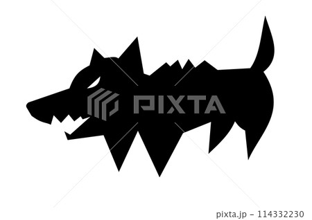 Black silhouette of dog is standing and barking in a ferocious manner isolated on transparent background, Beware of pet attack and Rabies surveillance, Illustration graphic of animal 114332230