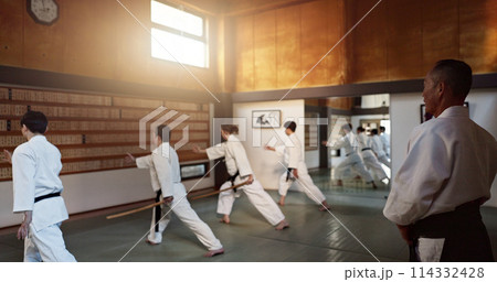 Japanese students, teaching or sensei in dojo to start aikido practice, discipline or self defense education. Black belt master, people learning combat or ready for fighting class, training or lesson 114332428