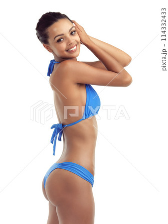 Fashion, bikini and portrait of woman on a white background for summer style, bather and swimwear. Happy, studio and isolated girl in swimsuit with confidence, pride and smile for holiday or vacation Fashion, bikini and portrait of woman on a white background for summer style, bather and swimwear. Happy, studio and isolated girl in swimsuit with confidence, pride and smile for holiday or vacation 114332433