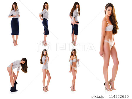 Underwear, woman and undressing in studio collage for sensuality, sexy and half naked body with confidence. Girl, business and take off clothes after work or corporate career for comfort and relax 114332630