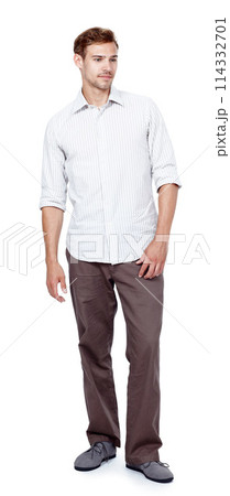 Thinking, fashion and portrait of businessman in studio with confidence, job opportunity and pride. Consultant, agent or man with casual style, ambition or professional career on white background 114332701
