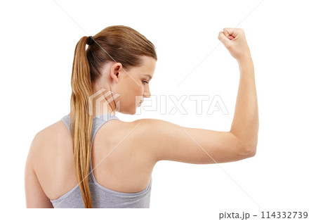Bicep, girl and strong in studio, fitness and flex of muscle, wellness and training or exercise in gym. Proud, athlete and person in white background, confidence and healthy with workout and sports 114332739