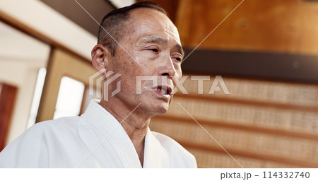 Man, japanese master and martial arts in dojo place, aikido champion or teacher of self defence. Sensei, authority and teaching combat in instruction or education, power and mature fighter or coach 114332740